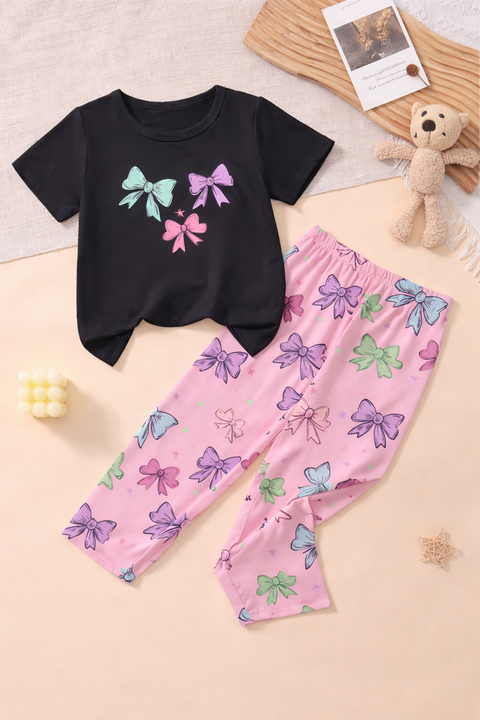 Girls Black Bow Print Tee & Pink Bow Pants Set for Kids