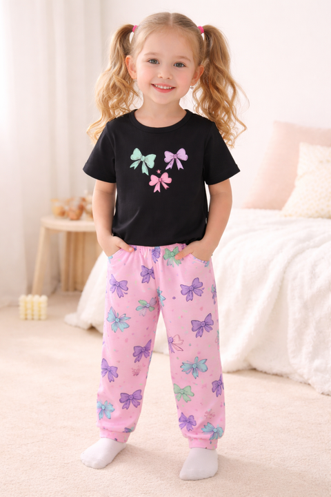 Child wearing a black t-shirt with colorful bow designs and pink pants with bow patterns indoors.