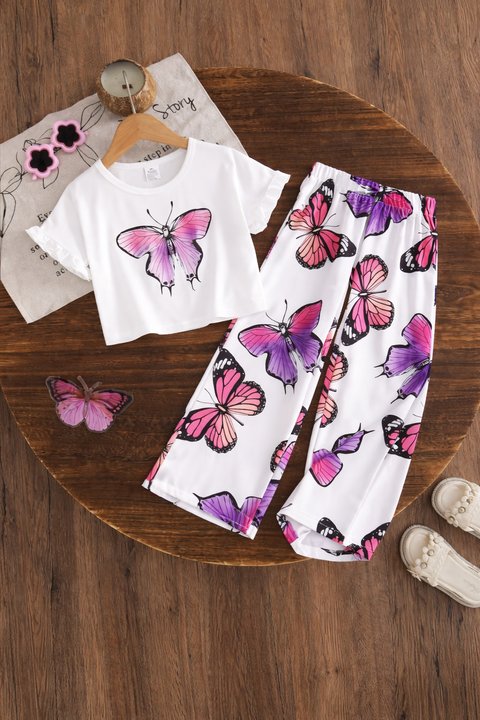 Girls White With Purple Big Butterfly Printed Kids Suit