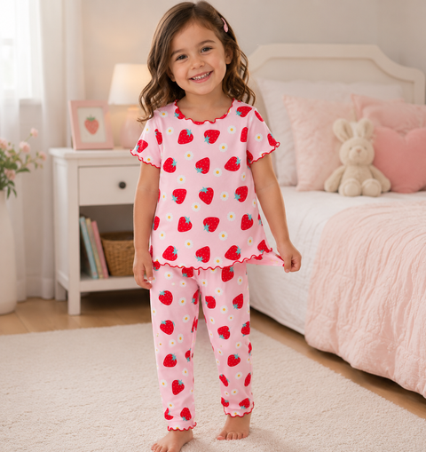 Pink Strawberry Printed Kids Suit