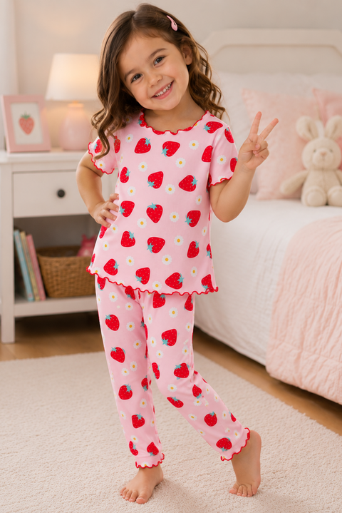 Pink Strawberry Printed Kids Suit