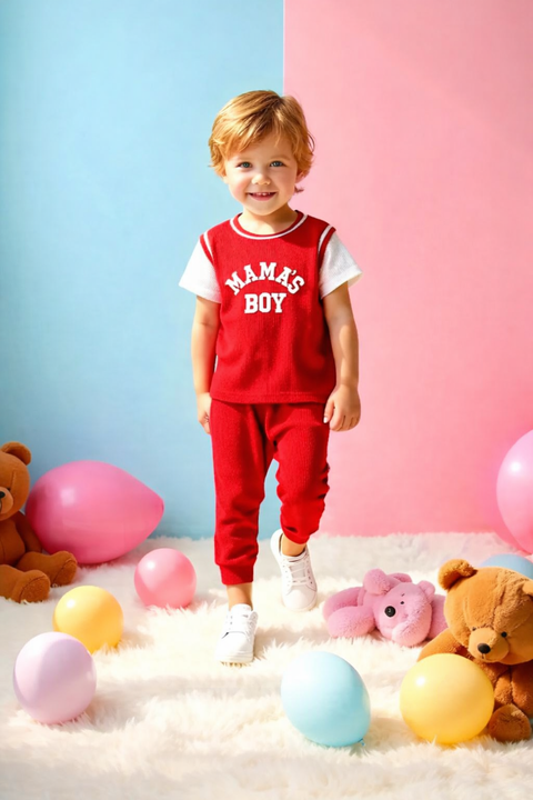 Child wearing a red 'Mama's Boy' outfit surrounded by balloons and teddy bears on a colorful background