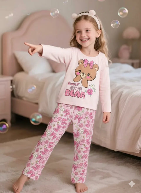 Pink Sweet Cute Bear Printed Kids Suit