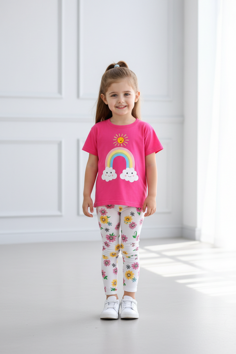 Child wearing a pink shirt with a rainbow design and floral leggings against a light blue wall.