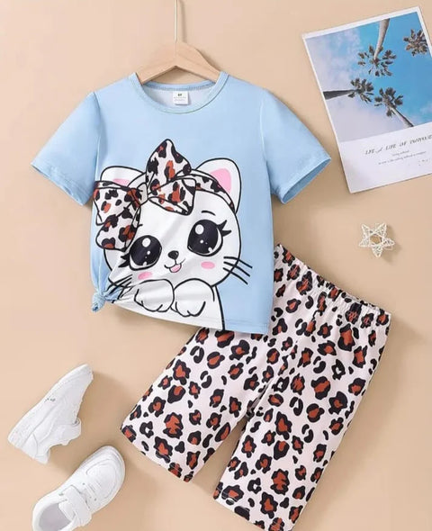 Sky Blue Cute Kitty Half Sleeves with Cheetha Pajama Printed  Kids suit