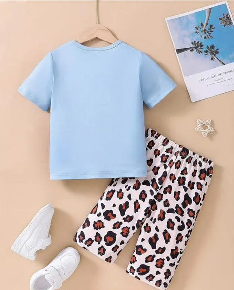 Sky Blue Cute Kitty Half Sleeves with Cheetha Pajama Printed  Kids suit