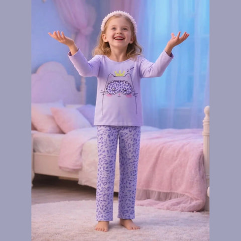 Lilac Sleeping Cat Printed Kids Suit