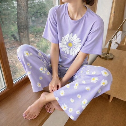 Lilac Sun Flowers Printed Half Sleeves Night Suit The Ultimate Dream Wear Sleep Suit