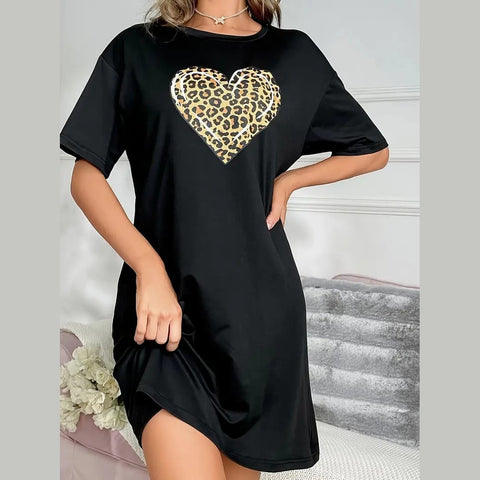 Black With Cheetah Heart Print Long Shirt For Her (OM-1106)