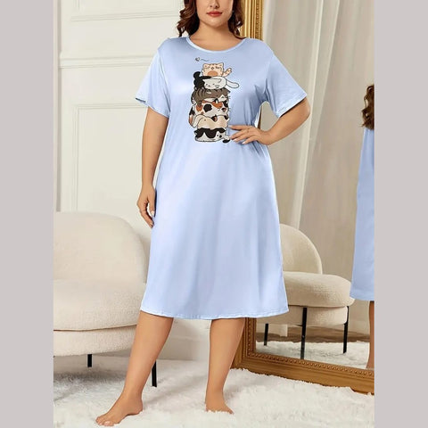 Blue Cats Print Long Shirt For Her (OM-1107)