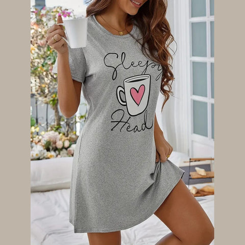 Grey With Sleepy Head Print Long Shirt For Her (OM-1111)