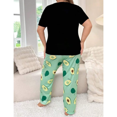 Black Avocado Print Half Sleeves T-shirt With green Avacado Print Pajama Suit (SP-23)
