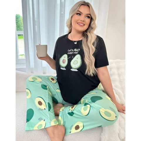 Black Avocado Print Half Sleeves T-shirt With green Avacado Print Pajama Suit (SP-23)
