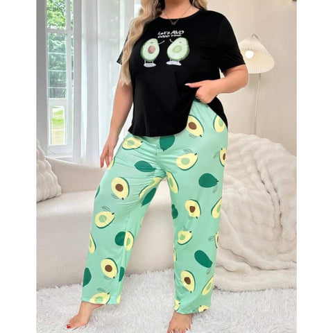 Black Avocado Print Half Sleeves T-shirt With green Avacado Print Pajama Suit (SP-23)
