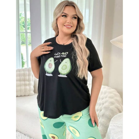 Black Avocado Print Half Sleeves T-shirt With green Avacado Print Pajama Suit (SP-23)