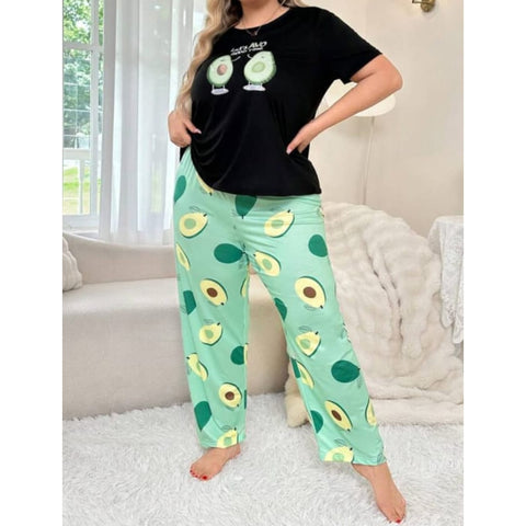 Black Avocado Print Half Sleeves T-shirt With green Avacado Print Pajama Suit (SP-23)