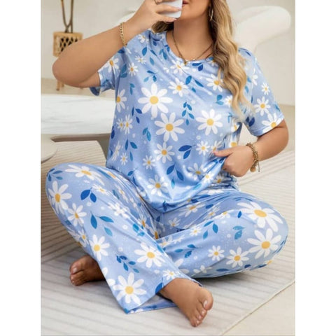 Blue Flowers Print Half Sleeves T-shirt With Flowers Print Pajama Suit (SP-22)