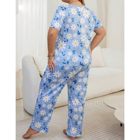 Blue Flowers Print Half Sleeves T-shirt With Flowers Print Pajama Suit (SP-22)