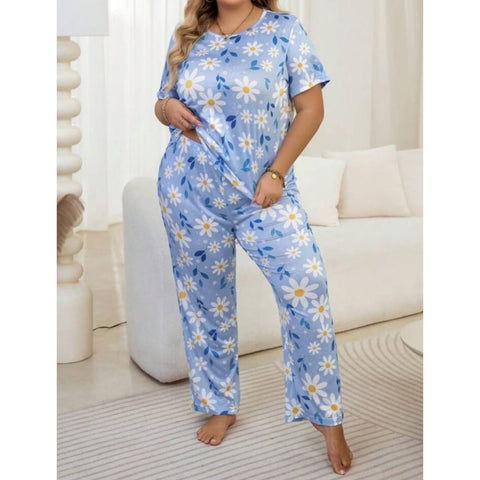 Blue Flowers Print Half Sleeves T-shirt With Flowers Print Pajama Suit (SP-22)