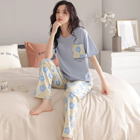 Blue Flower Pocket Print Half Sleeves T-shirt With Flowers Print Pajama Suit (SP-21)