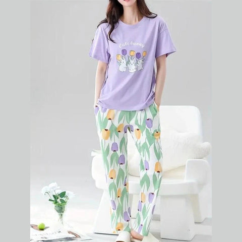 Lilac bunny Printed Half Sleeves Night Suit The Ultimate Dream Wear Sleep Suit