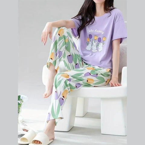 Lilac bunny Printed Half Sleeves Night Suit The Ultimate Dream Wear Sleep Suit