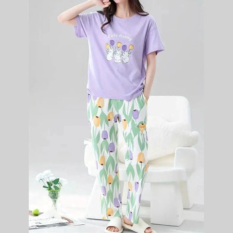 Lilac bunny Printed Half Sleeves Night Suit The Ultimate Dream Wear Sleep Suit
