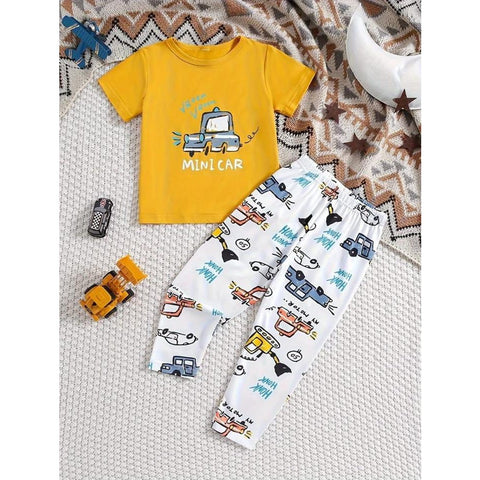 Yellow Mini Car with White Pajama Printed Kids Suit