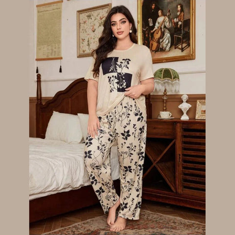 Beige Leaves Printed Half Sleeves T-Shirt with Leaves Printed Trouser Dream Wear Sleep Suit