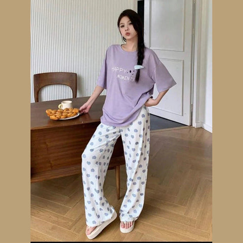 Lilac Happy Moments Printed T.shirt with Hearts Printed Trouser Dream Wear Sleep Suit