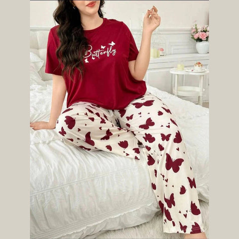Butterfly Printed Half Sleeves Tshirt with Butterfly Trouser Dream Wear Sleep Suit