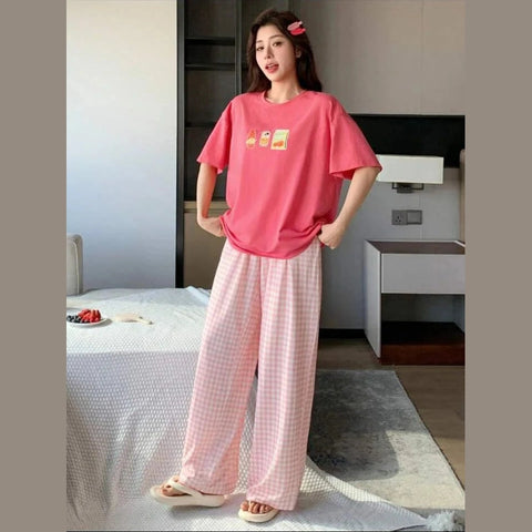 Pink Juices Printed Tshirt with Check Printed Trouser Dream Wear Sleep Suit