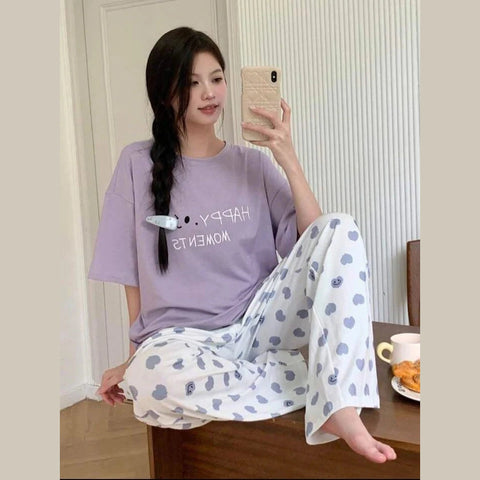 Lilac Happy Moments Printed T.shirt with Hearts Printed Trouser Dream Wear Sleep Suit