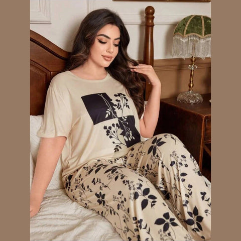 Beige Leaves Printed Half Sleeves T-Shirt with Leaves Printed Trouser Dream Wear Sleep Suit