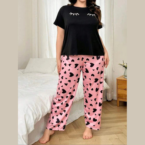 Black Sleepy Eyes Printed T.shirt with Hearts printed trouser Dream Wear Sleep Suit