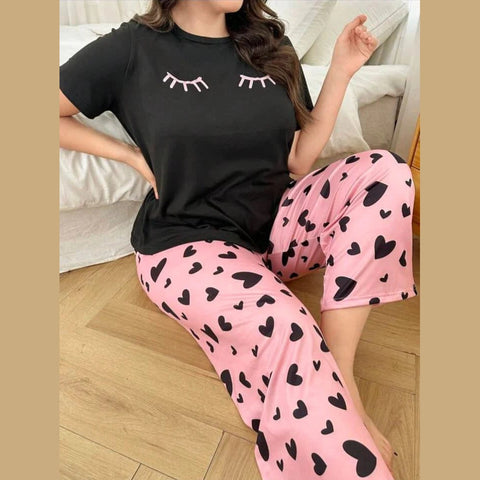 Black Sleepy Eyes Printed T.shirt with Hearts printed trouser Dream Wear Sleep Suit