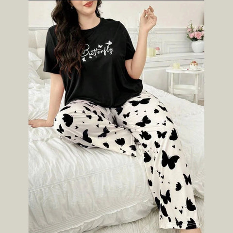 Butterfly Printed Half Sleeves Tshirt with Butterfly Trouser Dream Wear Sleep Suit