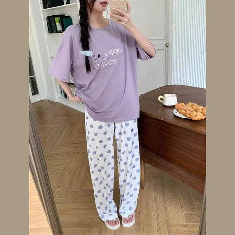 Lilac Happy Moments Printed T.shirt with Hearts Printed Trouser Dream Wear Sleep Suit