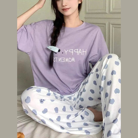 Lilac Happy Moments Printed T.shirt with Hearts Printed Trouser Dream Wear Sleep Suit