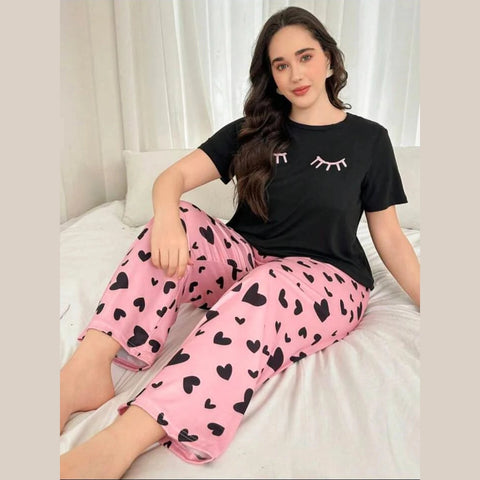 Black Sleepy Eyes Printed T.shirt with Hearts printed trouser Dream Wear Sleep Suit