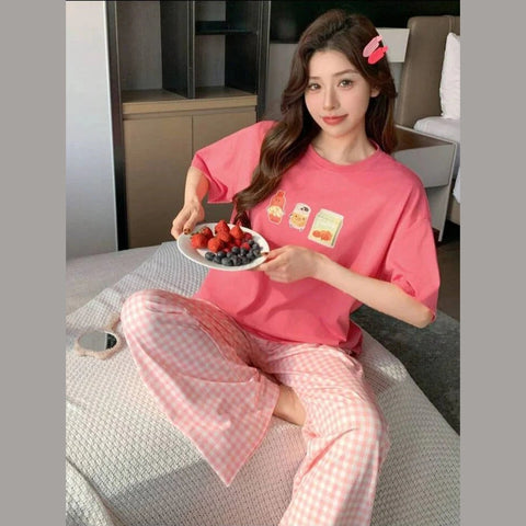 Pink Juices Printed Tshirt with Check Printed Trouser Dream Wear Sleep Suit