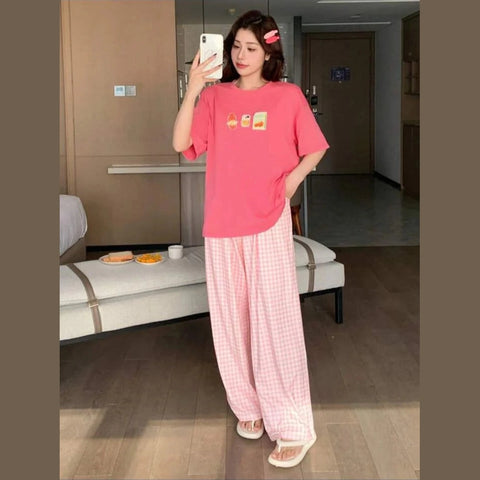 Pink Juices Printed Tshirt with Check Printed Trouser Dream Wear Sleep Suit