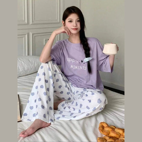Lilac Happy Moments Printed T.shirt with Hearts Printed Trouser Dream Wear Sleep Suit