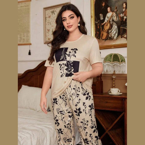 Beige Leaves Printed Half Sleeves T-Shirt with Leaves Printed Trouser Dream Wear Sleep Suit