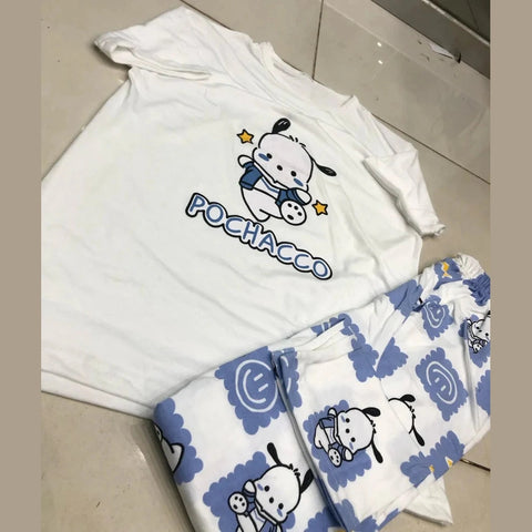 White Pochacco Print Half Sleeves Printed Night Suit Dream Wear Sleep Suit
