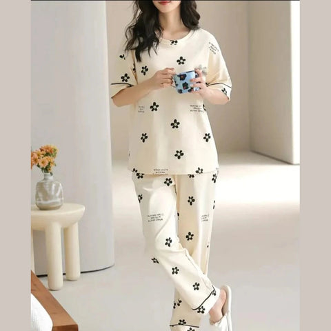 Off white Black all over flowers Print Half Sleeves Printed Night Suit