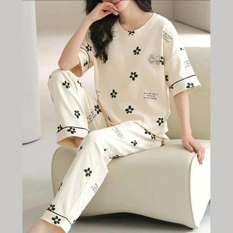 Off white Black all over flowers Print Half Sleeves Printed Night Suit