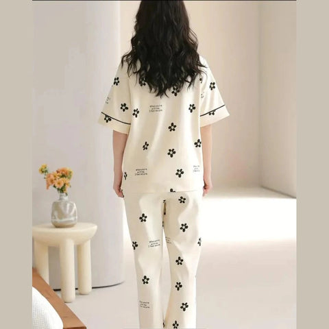 Off white Black all over flowers Print Half Sleeves Printed Night Suit