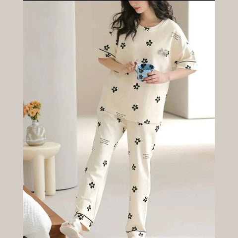 Off white Black all over flowers Print Half Sleeves Printed Night Suit