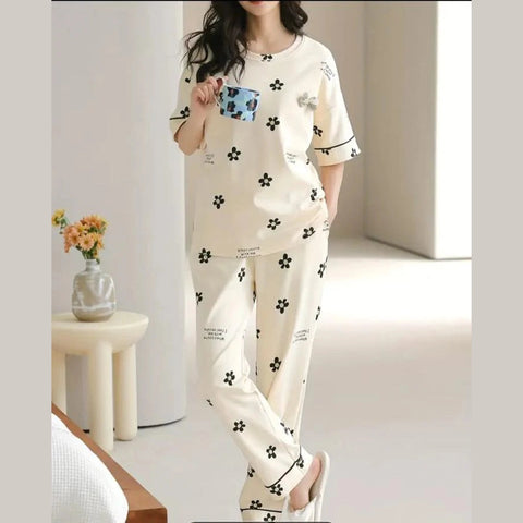Off white Black all over flowers Print Half Sleeves Printed Night Suit